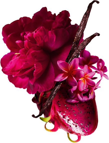 Fruta exótica roja con flores